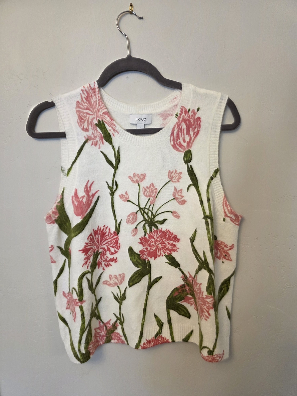 CeCe White Floral Knit Tank with Pink Blooms